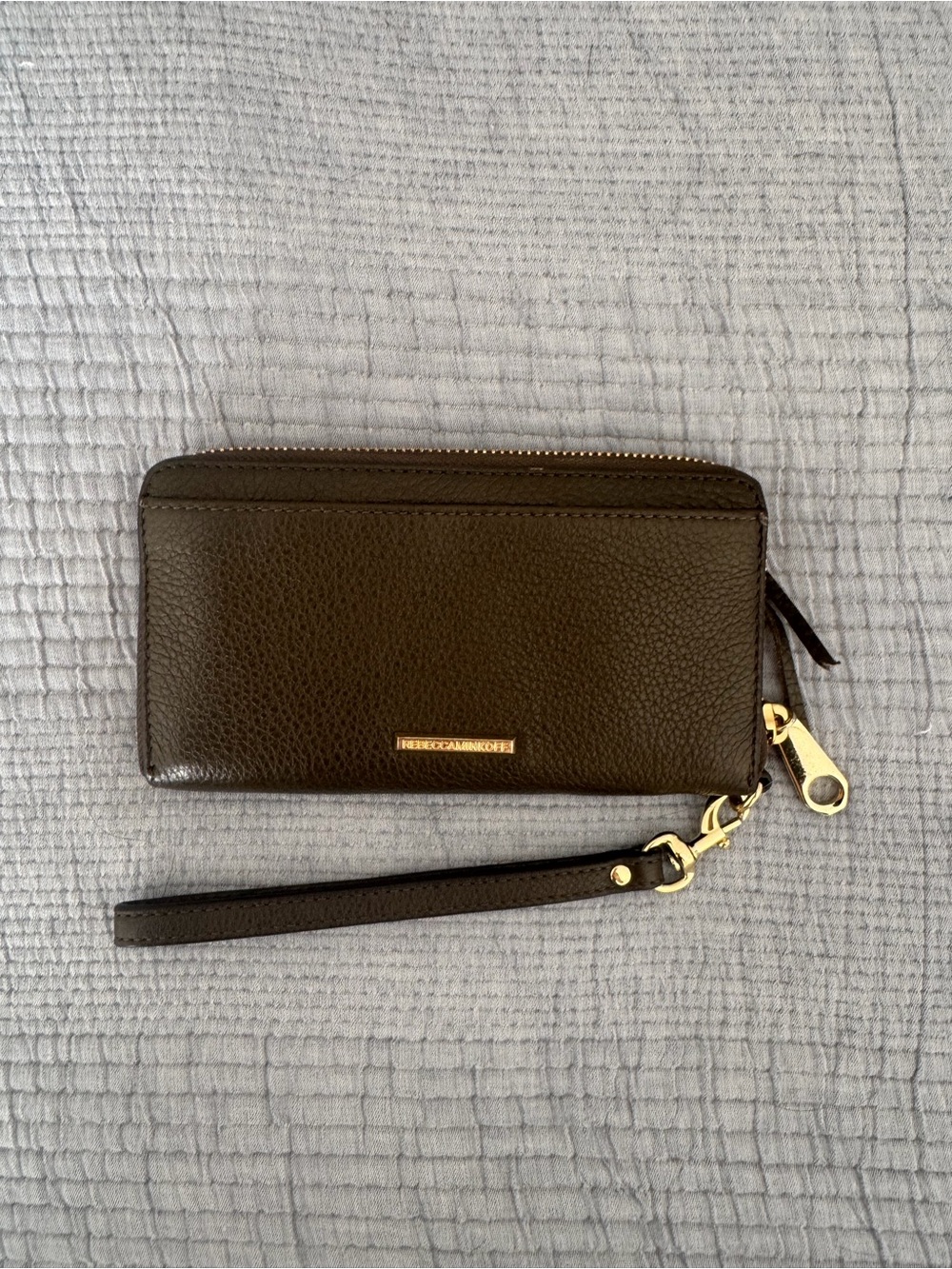 Rebecca Minkoff Dark Brown Pebbled Leather Wristlet with Gold Hardware